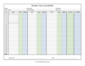 Monthly Time Card Billable Time Card