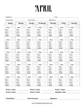 Monthly Time Card Calendar April Time Card