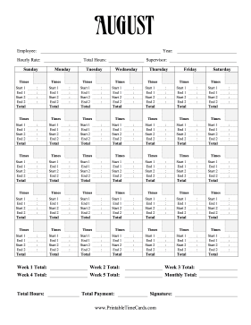 Monthly Time Card Calendar August Time Card
