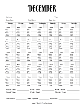 Monthly Time Card Calendar December Time Card