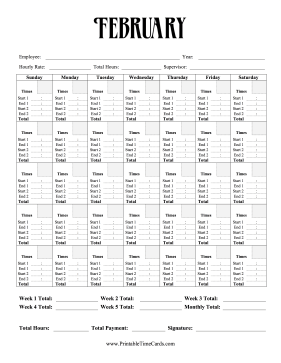 Monthly Time Card Calendar February Time Card