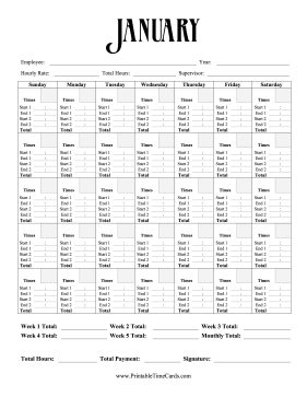 Monthly Time Card Calendar January Time Card