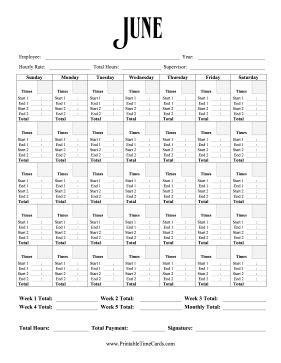 Monthly Time Card Calendar June Time Card