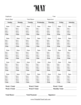 Monthly Time Card Calendar May Time Card