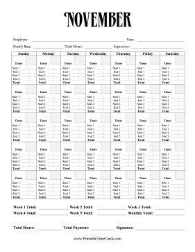 Monthly Time Card Calendar November Time Card