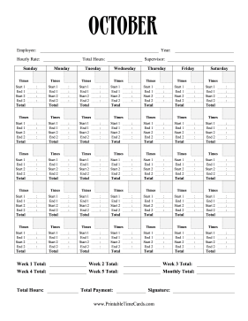 Monthly Time Card Calendar October Time Card