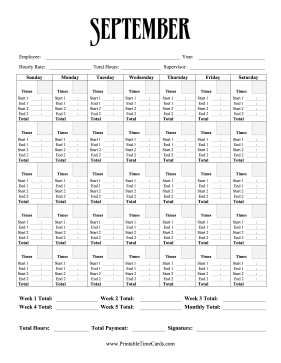 Monthly Time Card Calendar September Time Card