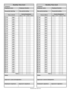 Monthly Time Card Hourly Breakdown Time Card