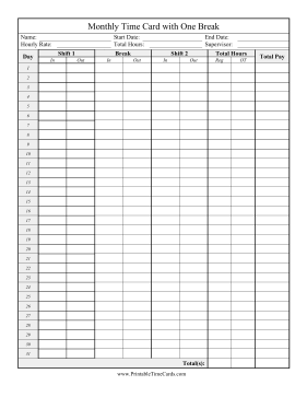 Monthly Time Card One Break Time Card