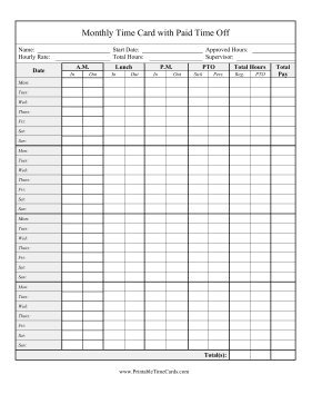 Monthly Time Card PTO Time Card