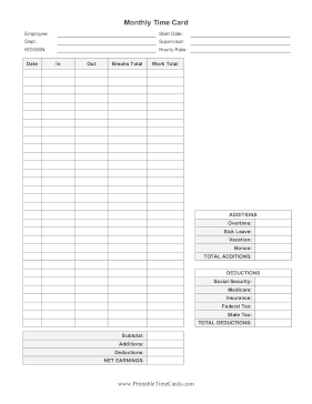 Monthly Time Card With Deductions Time Card