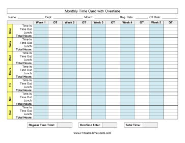 Monthly Time Card With Overtime Time Card