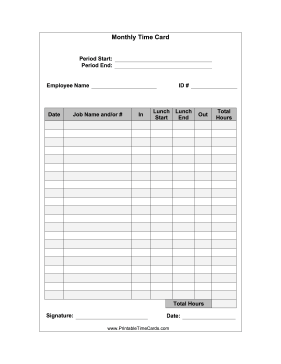 Monthly Time Card with Lunch Time Card