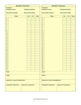 Monthly Vintage Time Card Time Card