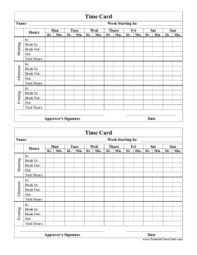 Morning Afternoon Evening Time Card Time Card