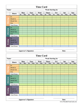 Morning Afternoon Evening Time Card Colored Time Card