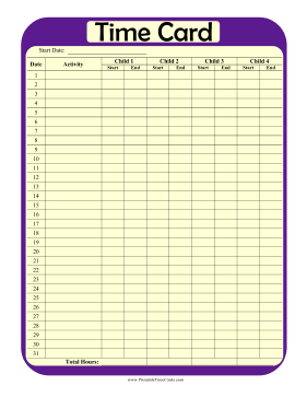 Multi-Child Monthly Time Card Time Card