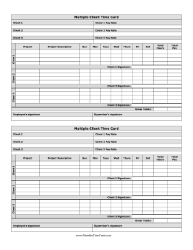 Multiple Client Time Card Horizontal Time Card