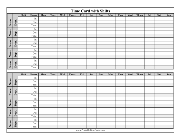 Multiple Employee Monthly Time Card Time Card