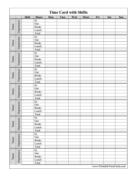 Multiple Shift Weekly Time Card Time Card