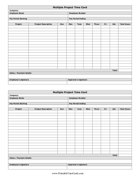 Multiple Project Time Card Horizontal Time Card