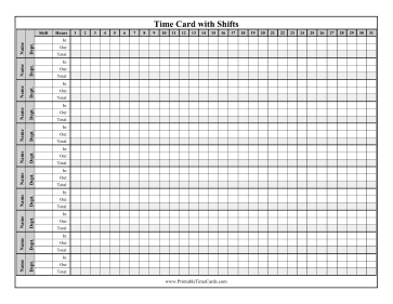 Multiple Shift Monthly Time Card Time Card