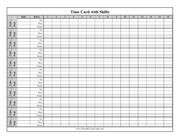 Multiple Shift Semi-Monthly Time Card Time Card