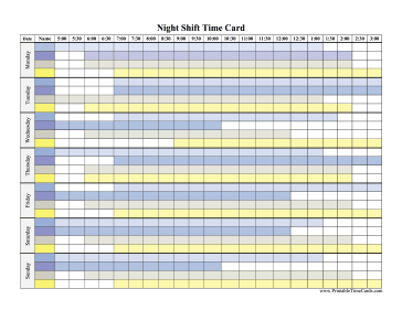 Night Time Card with Shifts Colored Time Card