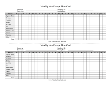 Non-Exempt Time Card Monthly Time Card
