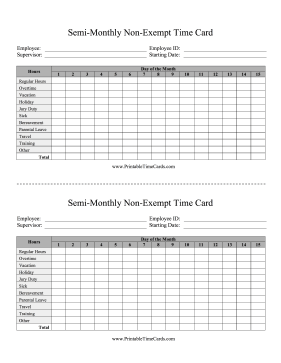 Non-Exempt Time Card Semi-Monthly Time Card