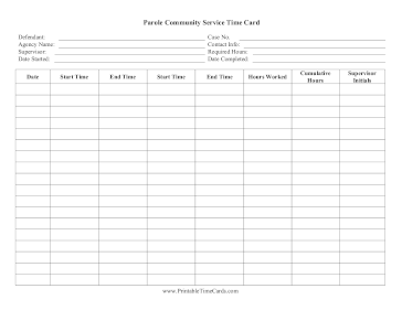 Parole Community Service Time Card