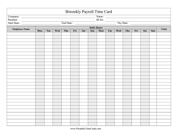 Payroll Time Card Biweeklybi Time Card