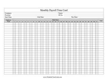 Payroll Time Card Monthly Time Card