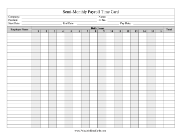 Payroll Time Card Semi-Monthlysemi Time Card