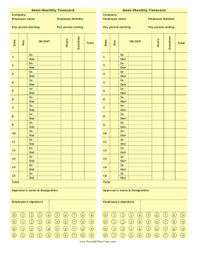 Semi-Monthly Punch Time Card Time Card