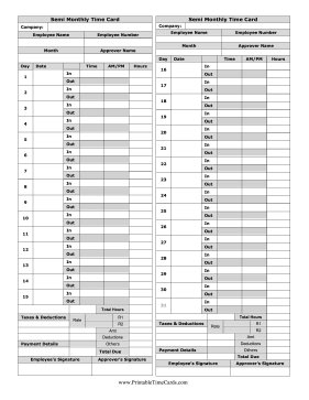 Semi-Monthly Time Card Time Card