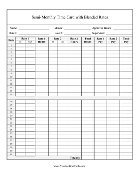 Semi-Monthly Time Card 2 Blended Rates Time Card