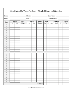 Semi-Monthly Time Card 2 Blended Rates Overtime Time Card