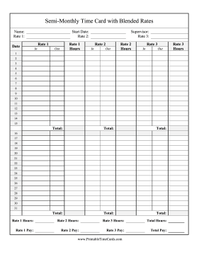 Semi-Monthly Time Card 3 Blended Rates Time Card