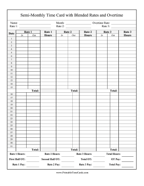 Semi-Monthly Time Card 3 Blended Rates Overtime Time Card
