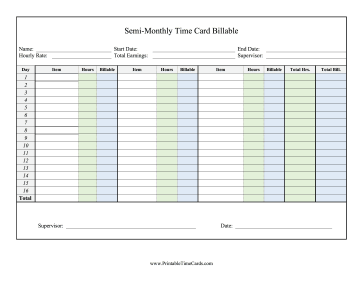 Semi-Monthly Time Card Billable Time Card