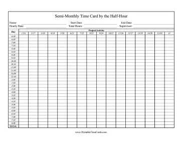 Semi-Monthly Time Card By Half-Hour Time Card