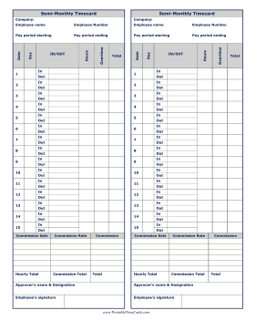 Semi-Monthly Time Card Commissions Time Card
