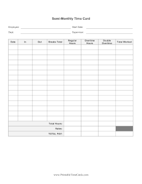 Semi-Monthly Time Card Double Overtime Time Card