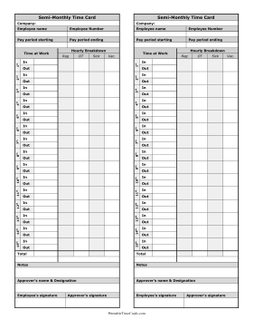 Semi-Monthly Time Card Hourly Breakdown Time Card