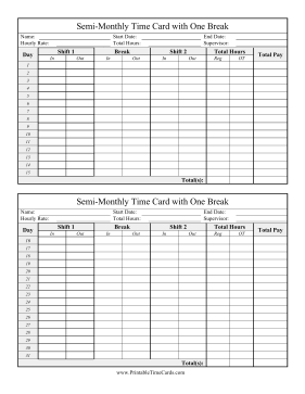 Semi-Monthly Time Card One Break Time Card