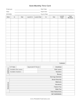 Semi-Monthly Time Card With Deductions Time Card