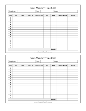 Semi-Monthly Time Card With Lunch Time Card