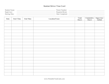 Student Driver Time Card Time Card