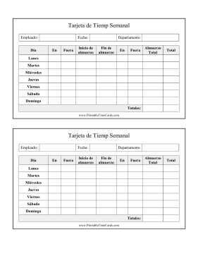 Tarjeta De Tiempo Semanal Con Almuerzo Time Card